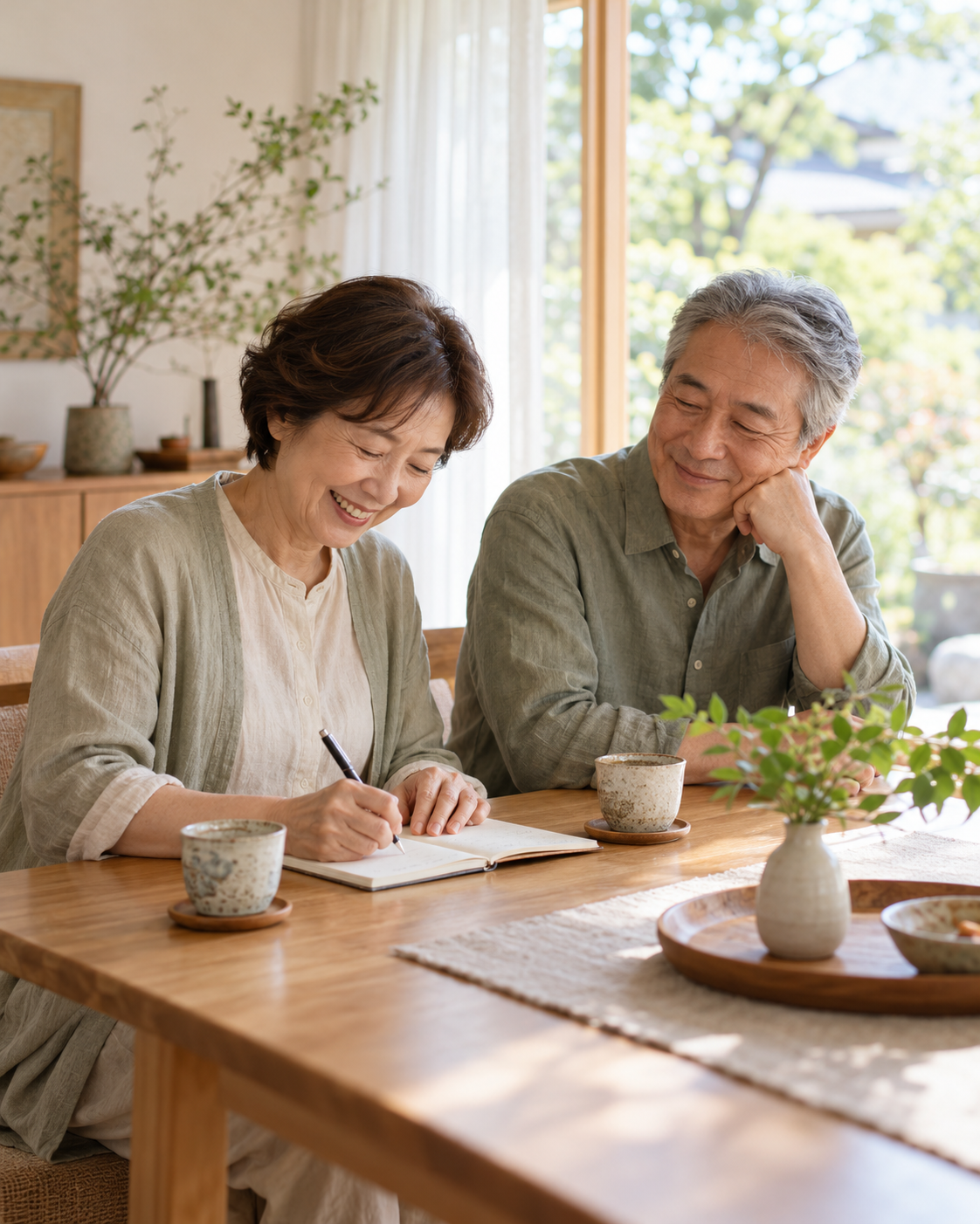 明るい自宅で、ノートを囲んで穏やかに過ごすシニア夫婦のイメージ